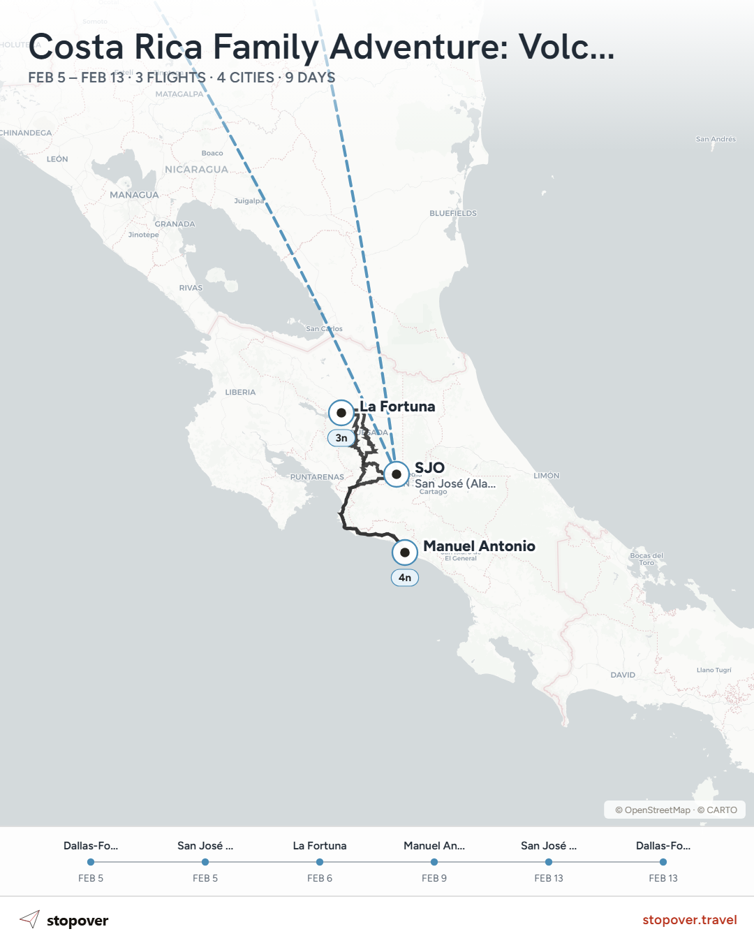 Illustrated map of Costa Rica highlighting San José, La Fortuna, and Manuel Antonio.