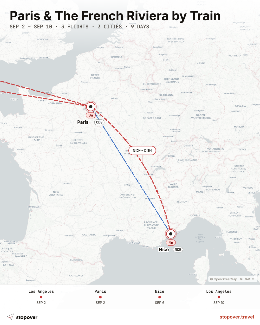 A map of France showing a train route from Paris down to Nice on the Mediterranean coast.