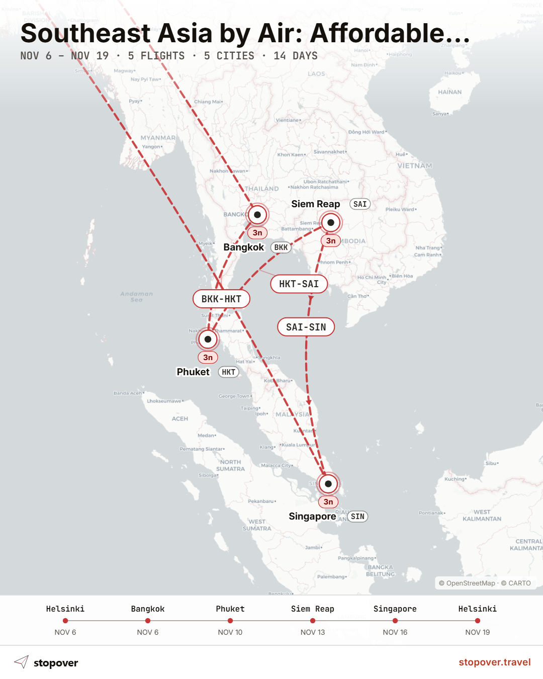 Map showing a flight path from Helsinki to Bangkok, connecting to Phuket, Siem Reap, and Singapore.